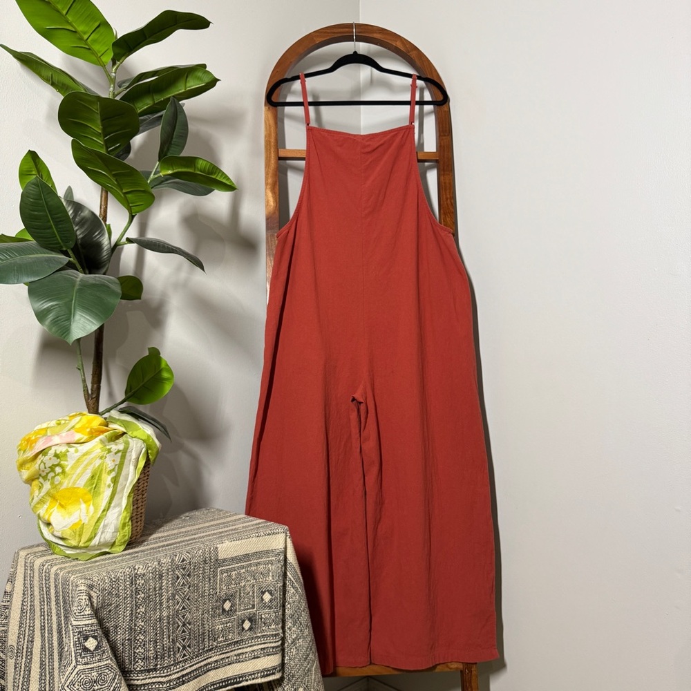 LARGE Burnt Orange 100% Cotton Square Neck Wide Leg Jumpsuit - Picture 3 of 9